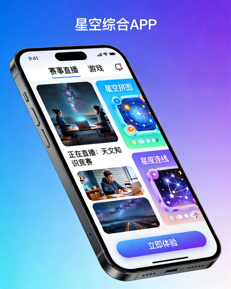 手机展示星空综合APP界面，包含赛事直播与游戏功能